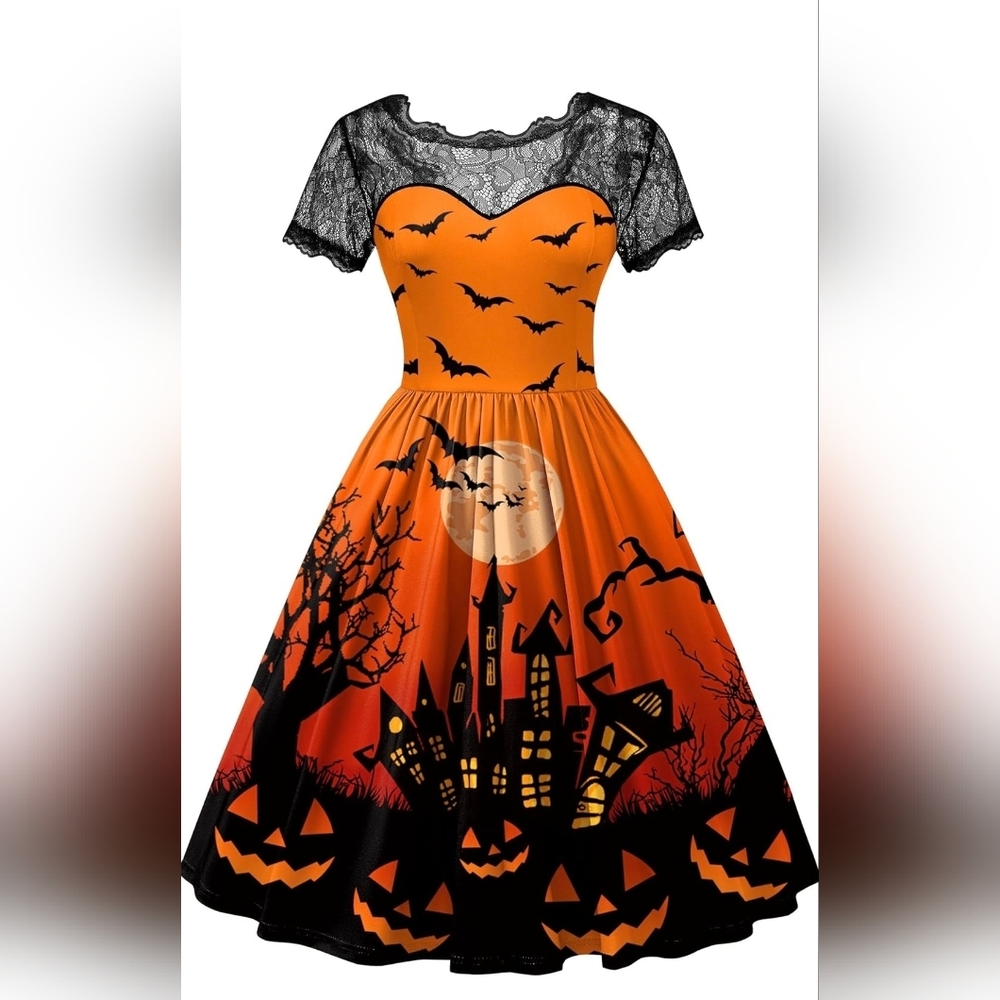 Halloween Orange and Black Dress with Lace